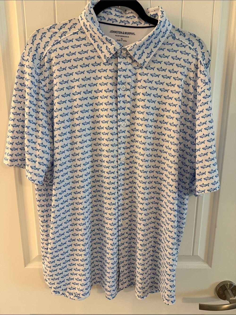 Johnston & Murphy White Polo with Blue Fish Print